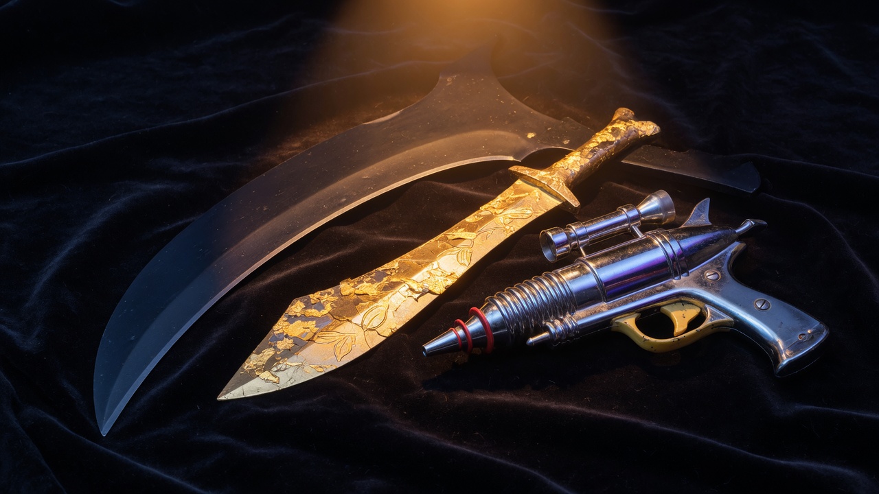 Close-up of Godly knives and a Raygun on a collector cloth
