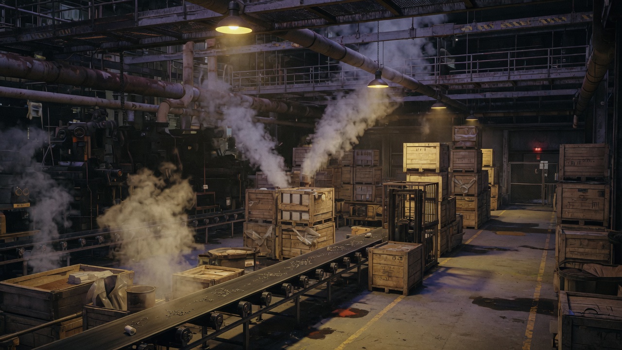 Industrial factory floor with crates and conveyors for KMM Factory