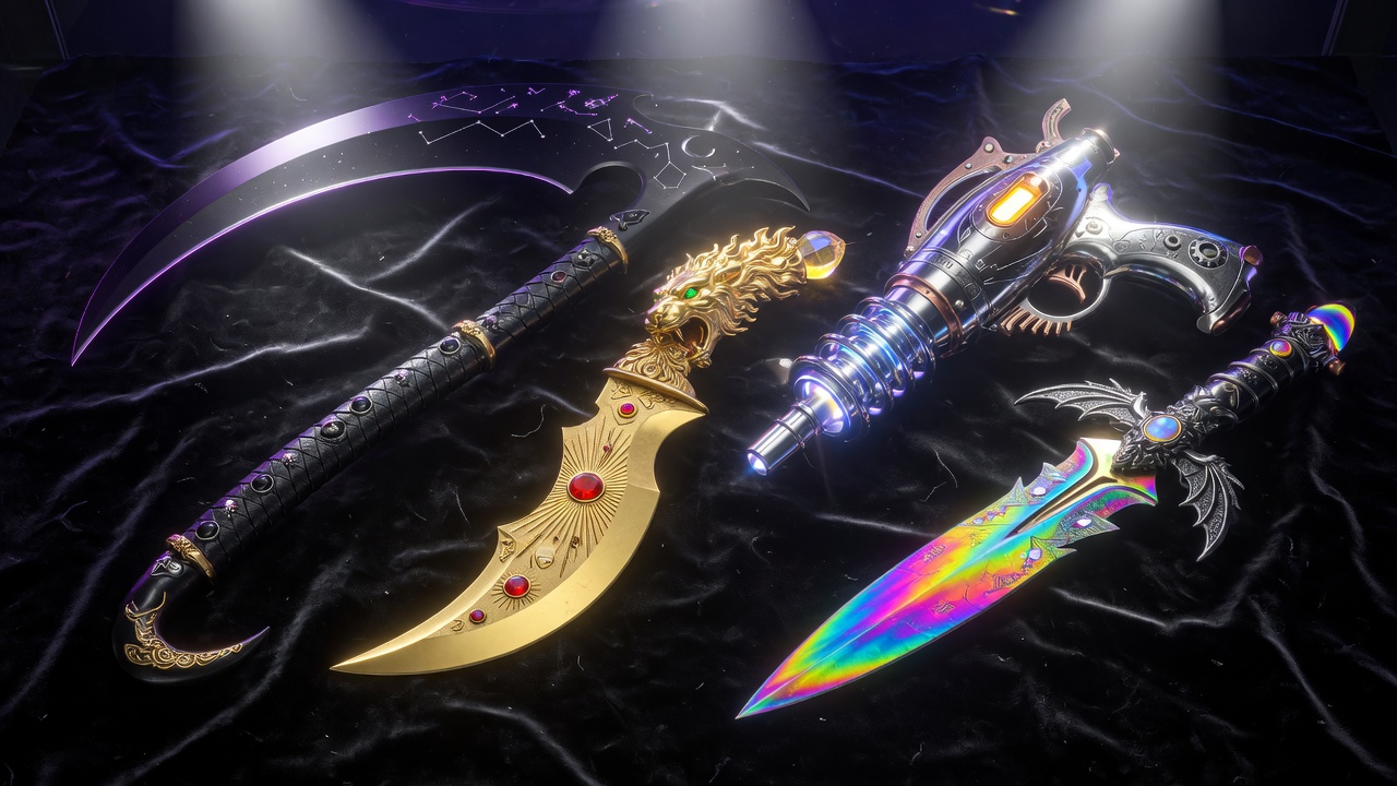 Void scythe, Sunblade, Raygun and a chroma dagger on black velvet